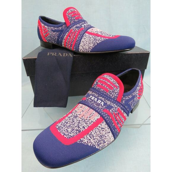 NIB PRADA 2DG098 BLUE RED KNIT LETTERING LOGO MOCCASIN LOAFERS 7.5 US 8.5 ITALY - Picture 5 of 12